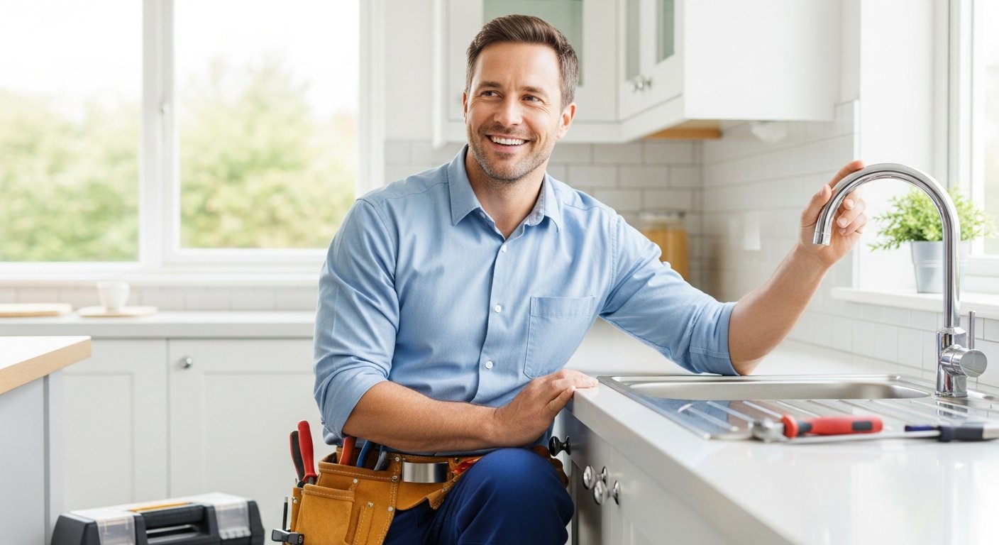 Friendly plumber in navy workwear being welcomed at the front door of a Leeds terraced house by a relieved homeowner, showing the personal local service of Leeds Emergency Plumbers